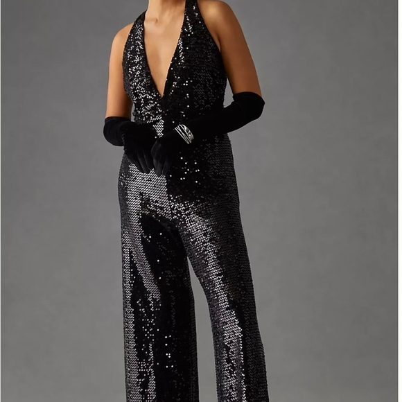 ANTHROPOLOGIE HUTCH SEQUIN HALTER JUMPSUIT BLACK  SIZE  8P NWT - Picture 9 of 17